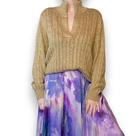 5/$100 SALE -  Vintage Ralph Lauren Gold Metallic Mock Neck Cableknit Sweater - Picture 1 of 11